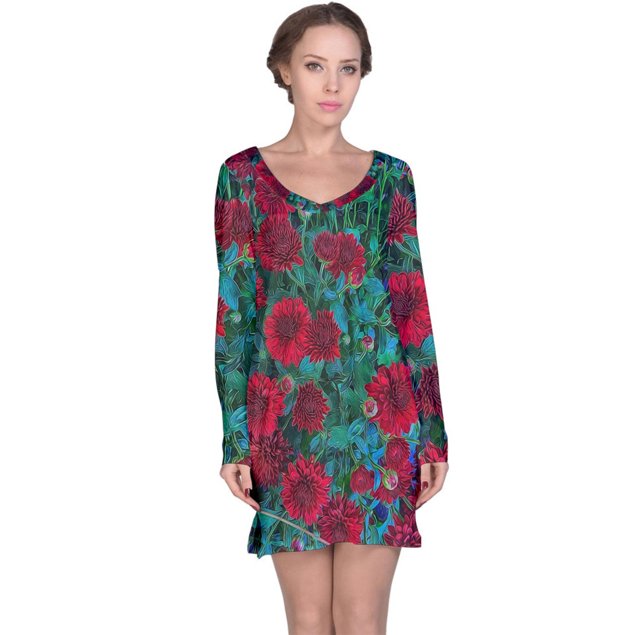 Red Mums Long Sleeve Nightdress