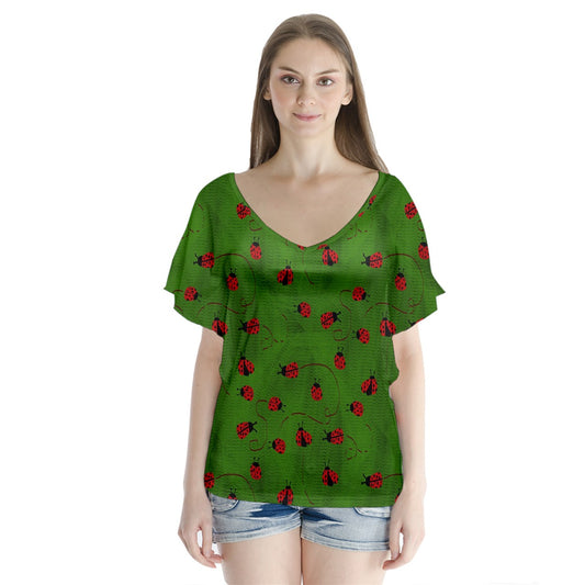 Ladybugs  V-Neck Flutter Sleeve Top