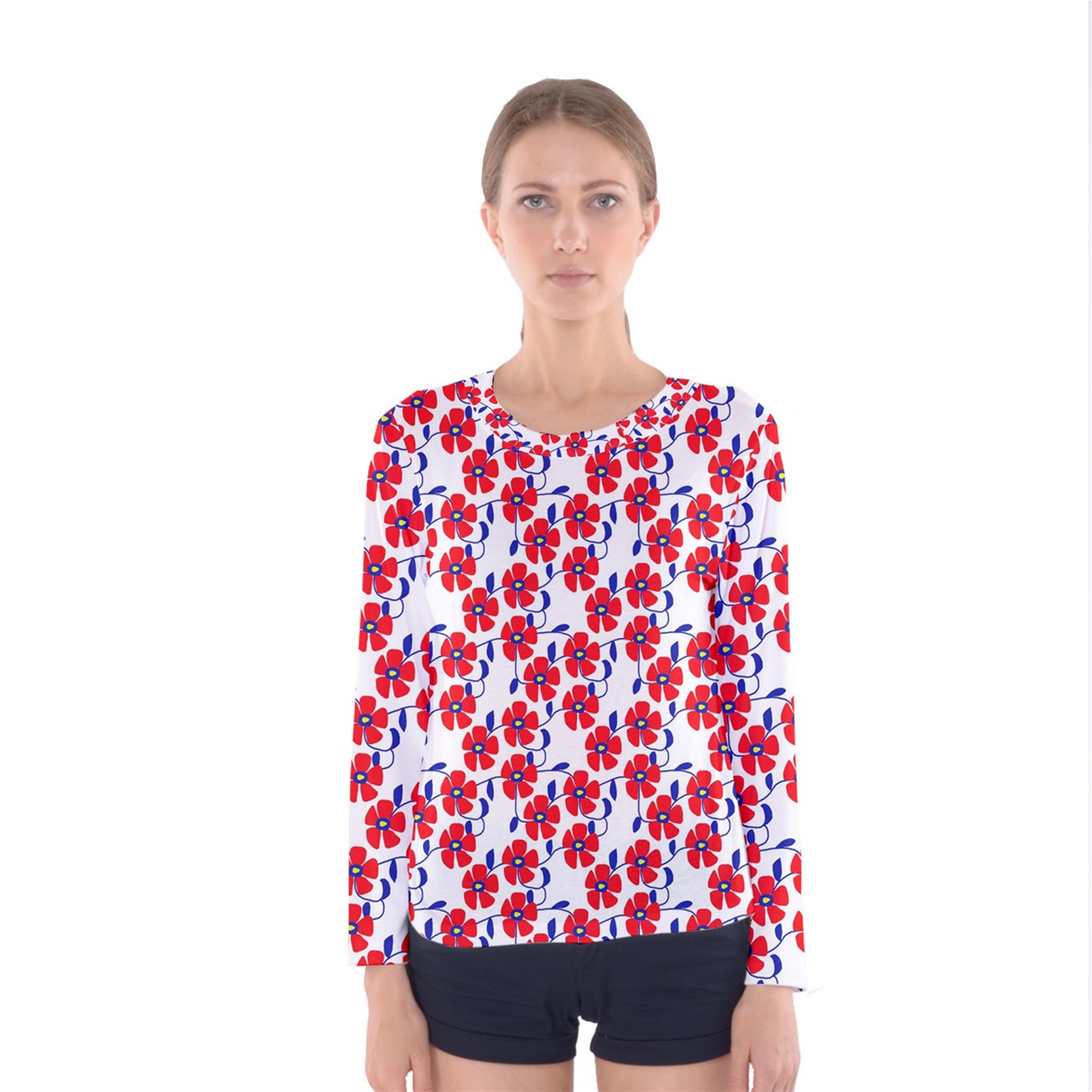 Red Flowers Blue Vines Women's Long Sleeve Tee