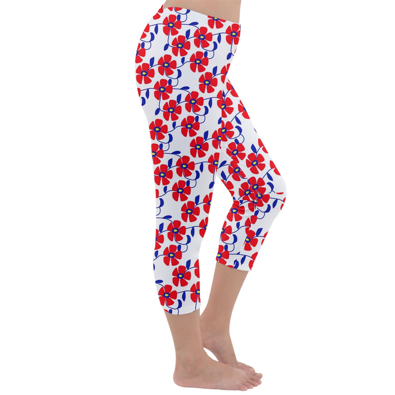 Red Flowers Blue Vines Capri Winter Leggings