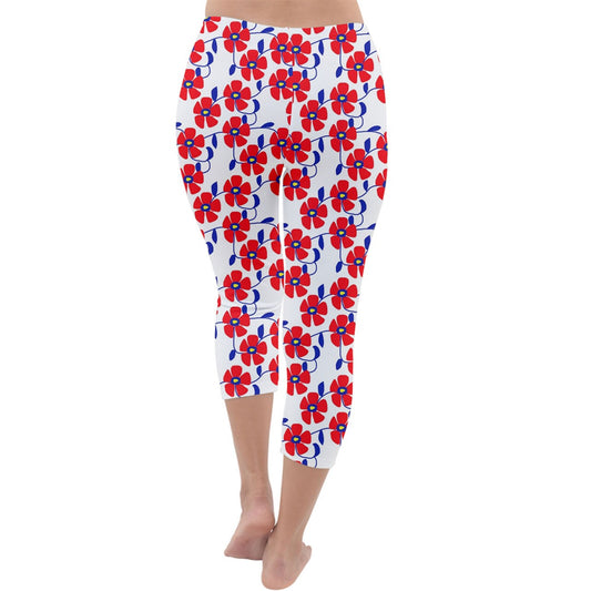 Red Flowers Blue Vines Capri Winter Leggings