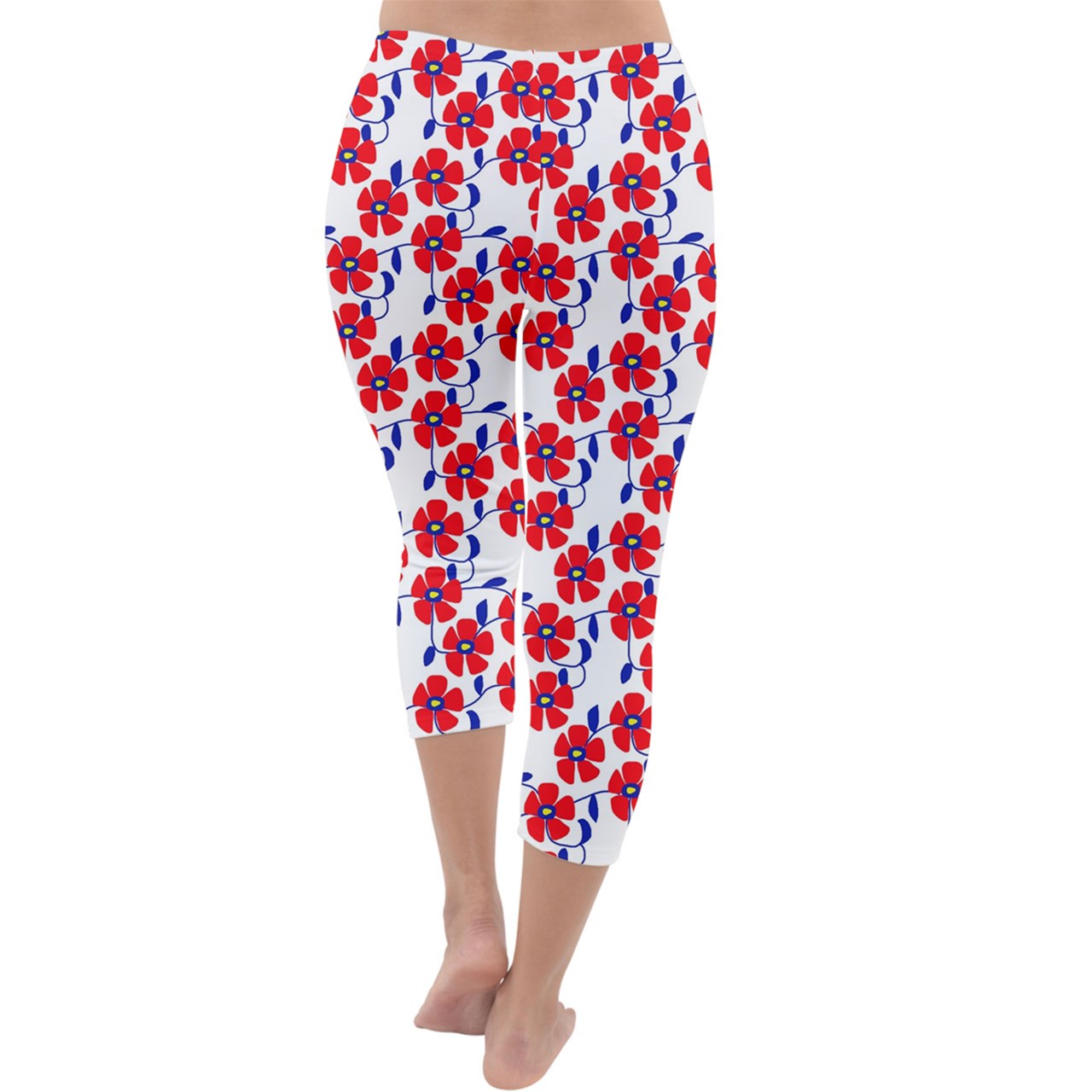 Red Flowers Blue Vines Capri Winter Leggings
