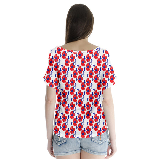 Red Flowers Blue Vines V-Neck Flutter Sleeve Top