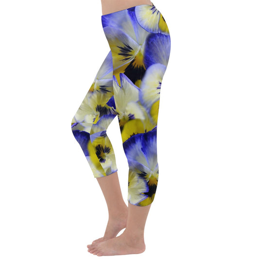 Blue and Yellow Pansies Capri Winter Leggings