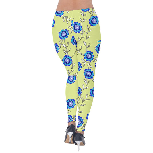 Blue Flowers On Yellow Velvet Leggings