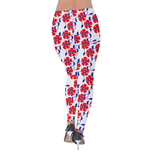 Red Flowers Blue Vines Velvet Leggings