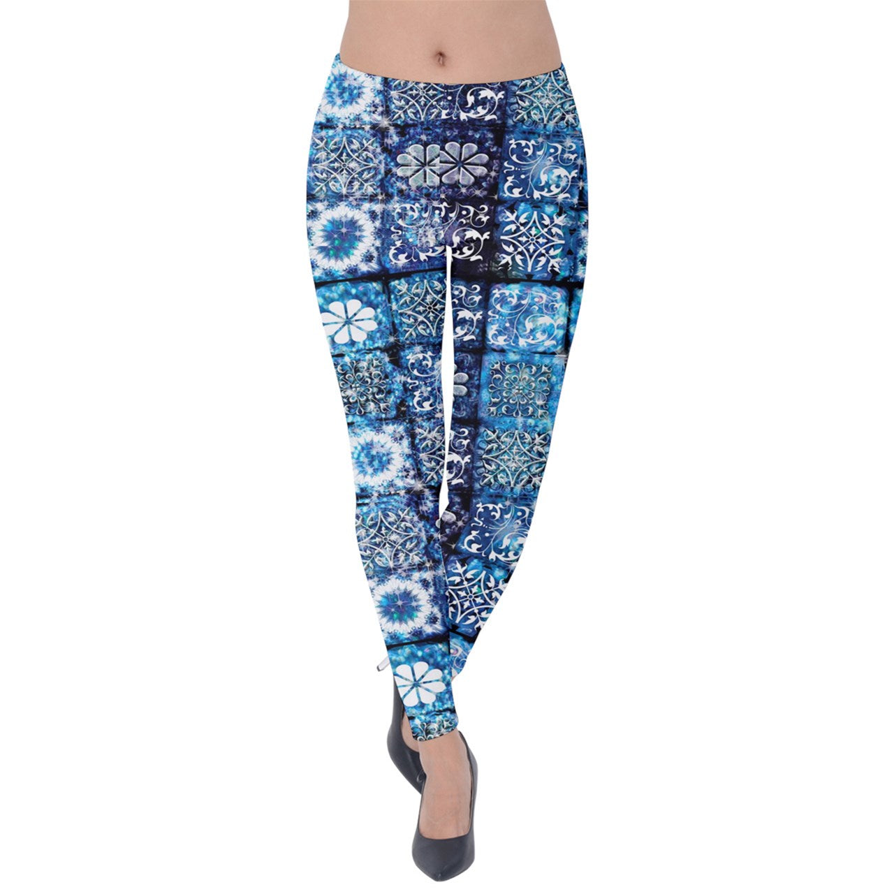 Blue Ice Crystals Motif Velvet Leggings