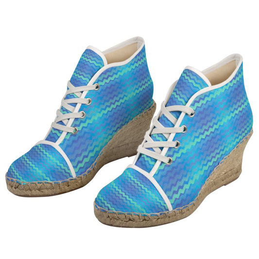 Blue Green Mermaid Stripes Wedge Espadrilles