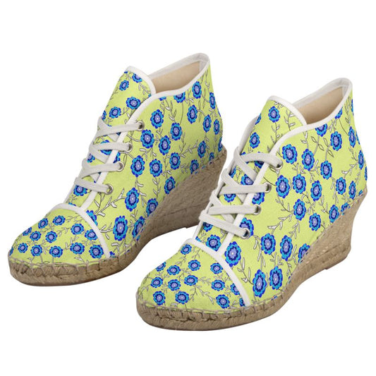 Blue Flowers ON Yellow Wedge Espadrilles