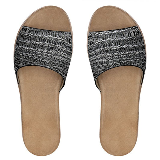 Silver Chainmaille Print Leather Sliders