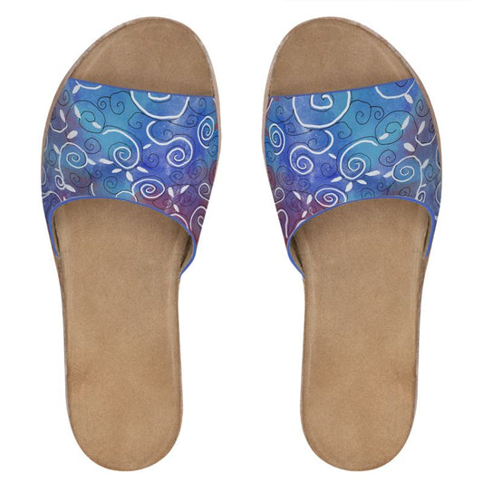 White Swirls on Blue Leather Sliders