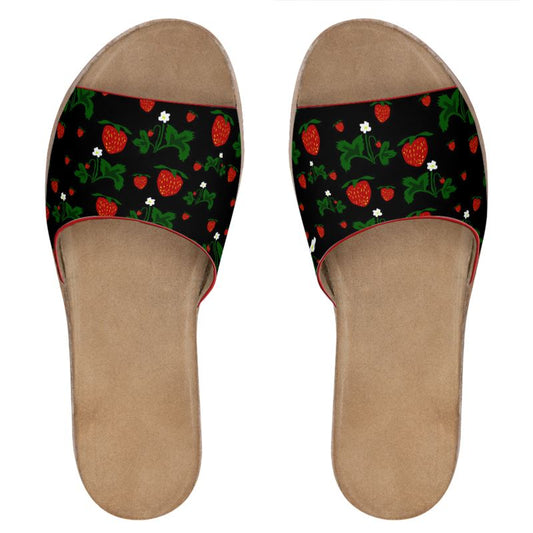 Wild Strawberries Pattern Leather Sliders