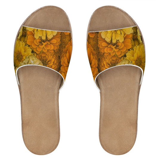 Yellow Zinnias Leather Sliders