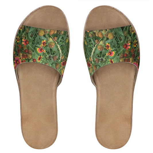 Red orange Flower Garden Leather Sliders