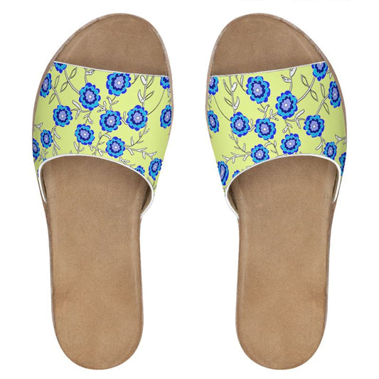 Blue Flowers on Yellow Leather Sliders