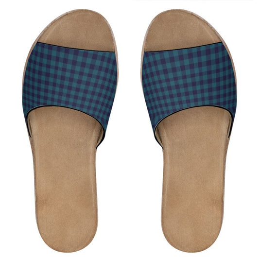 Blue Gingham Leather Sliders