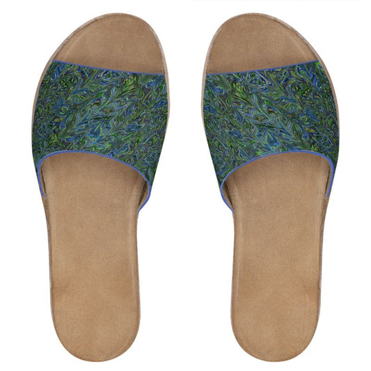 Blue Green liquid Marbling Leather Sliders