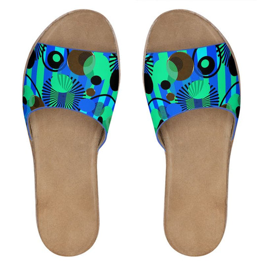 Blue Green Stripes and Dots Leather Sliders