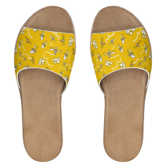 Honey Bees Pattern Leather Sliders