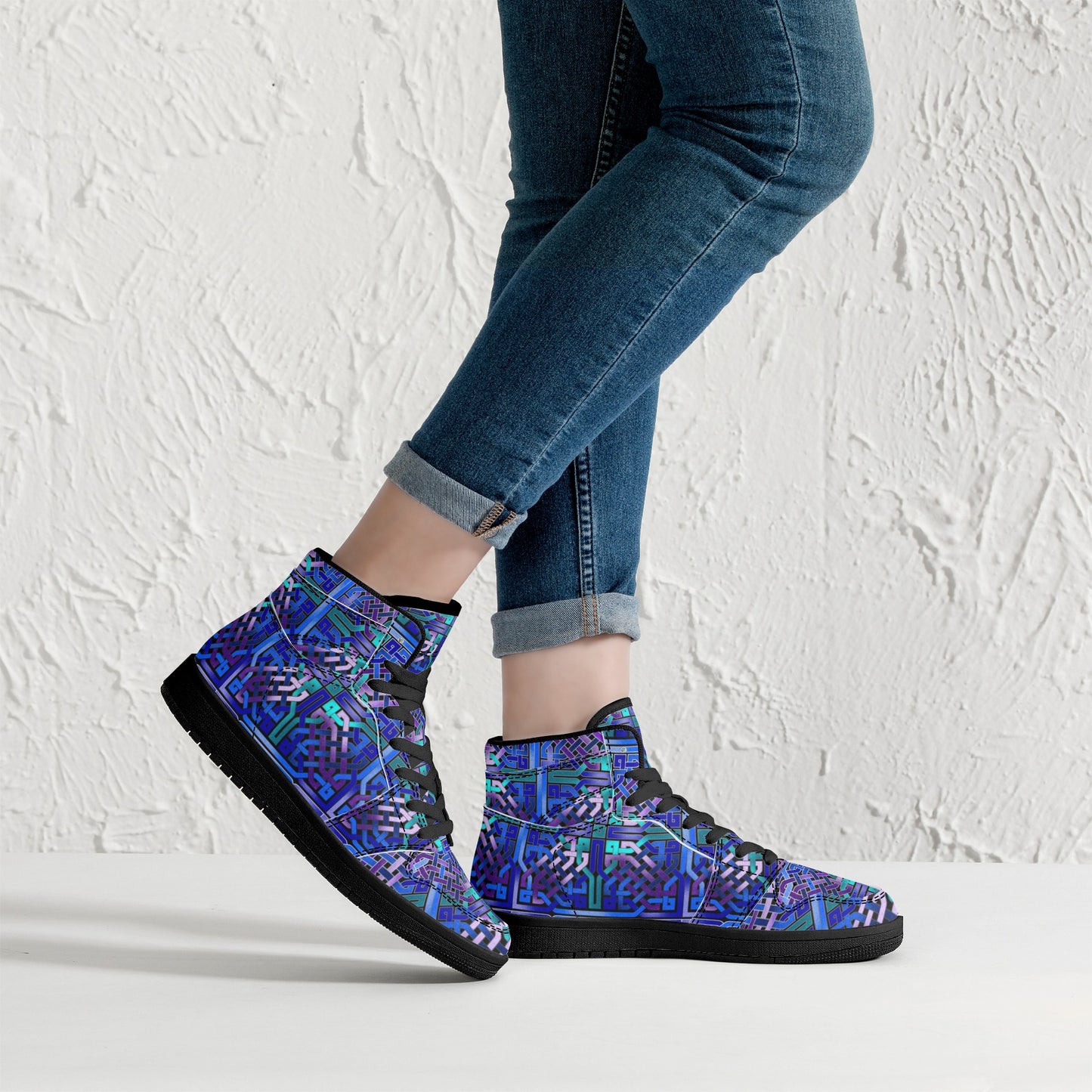 Blue Celtic Knot Womens Black High Top Leather Sneakers