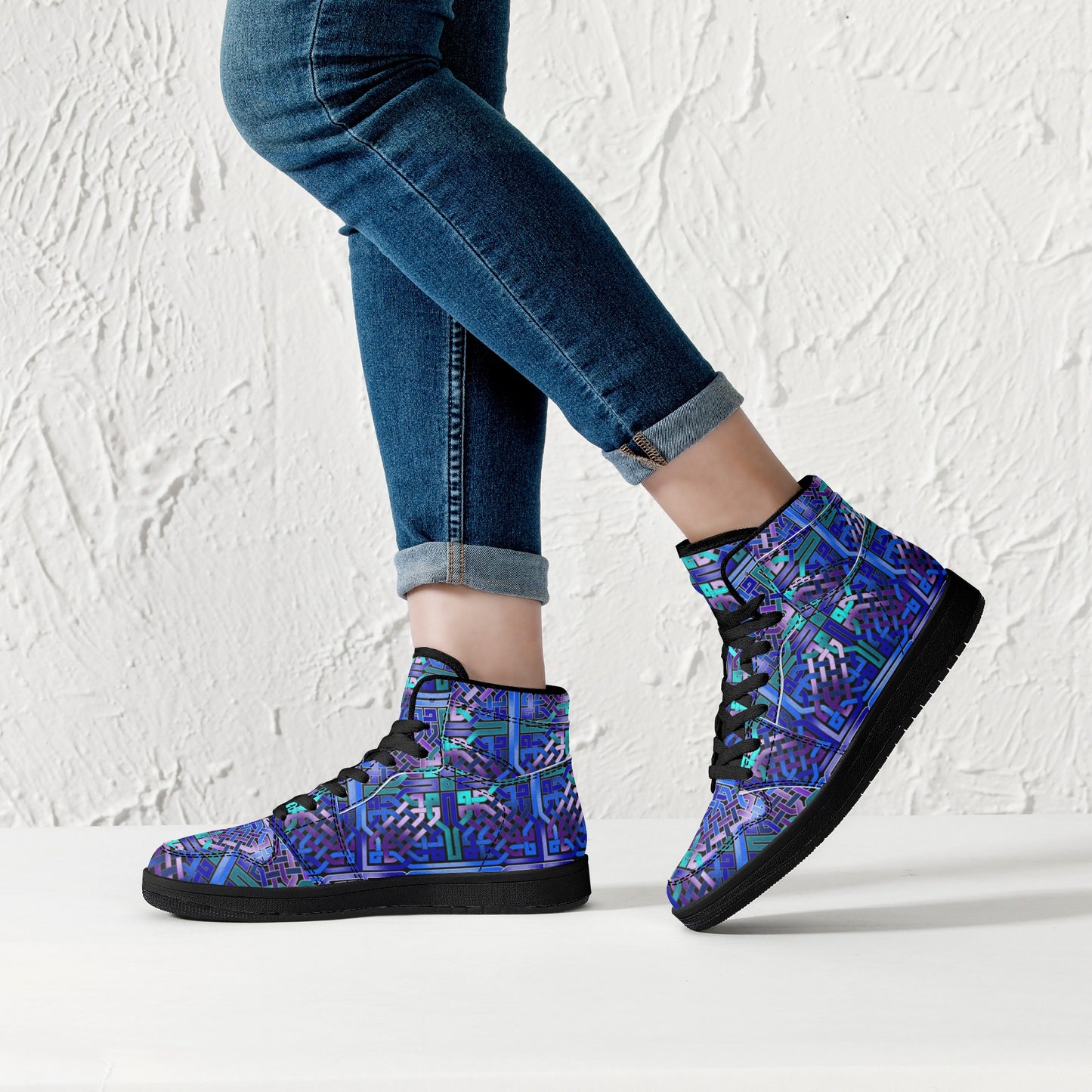 Blue Celtic Knot Womens Black High Top Leather Sneakers