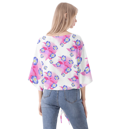 Blue Flowers On Pink Women‘s’ V-neck Streamers Blouse
