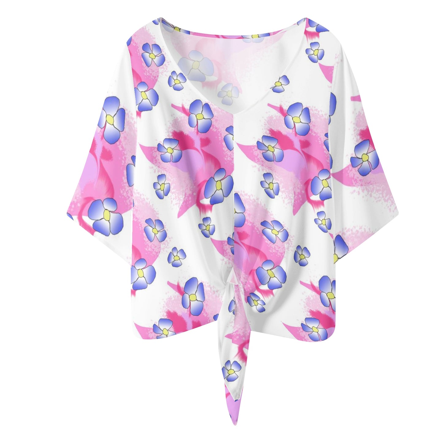 Blue Flowers On Pink Women‘s’ V-neck Streamers Blouse