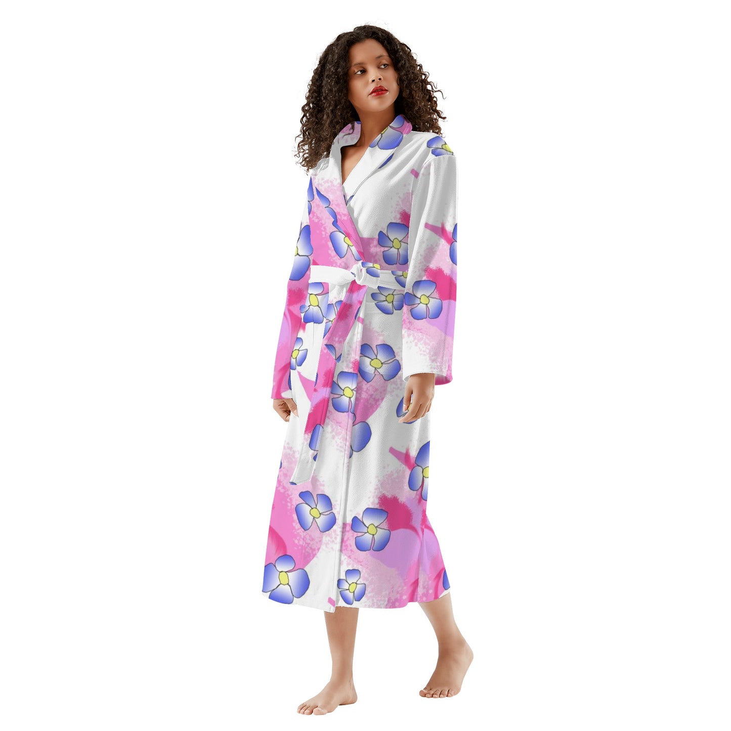 Blue Flowers On Pink New Style Womens Bathrobe