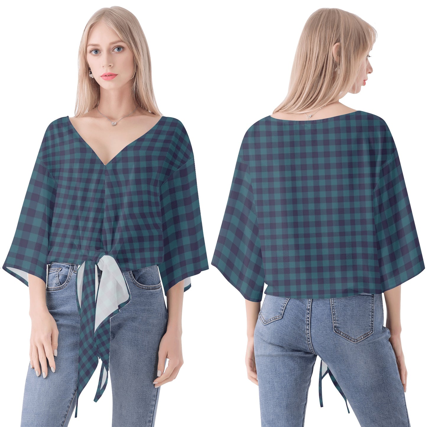 Blue Gingham Women‘s’ V-neck Streamers Blouse