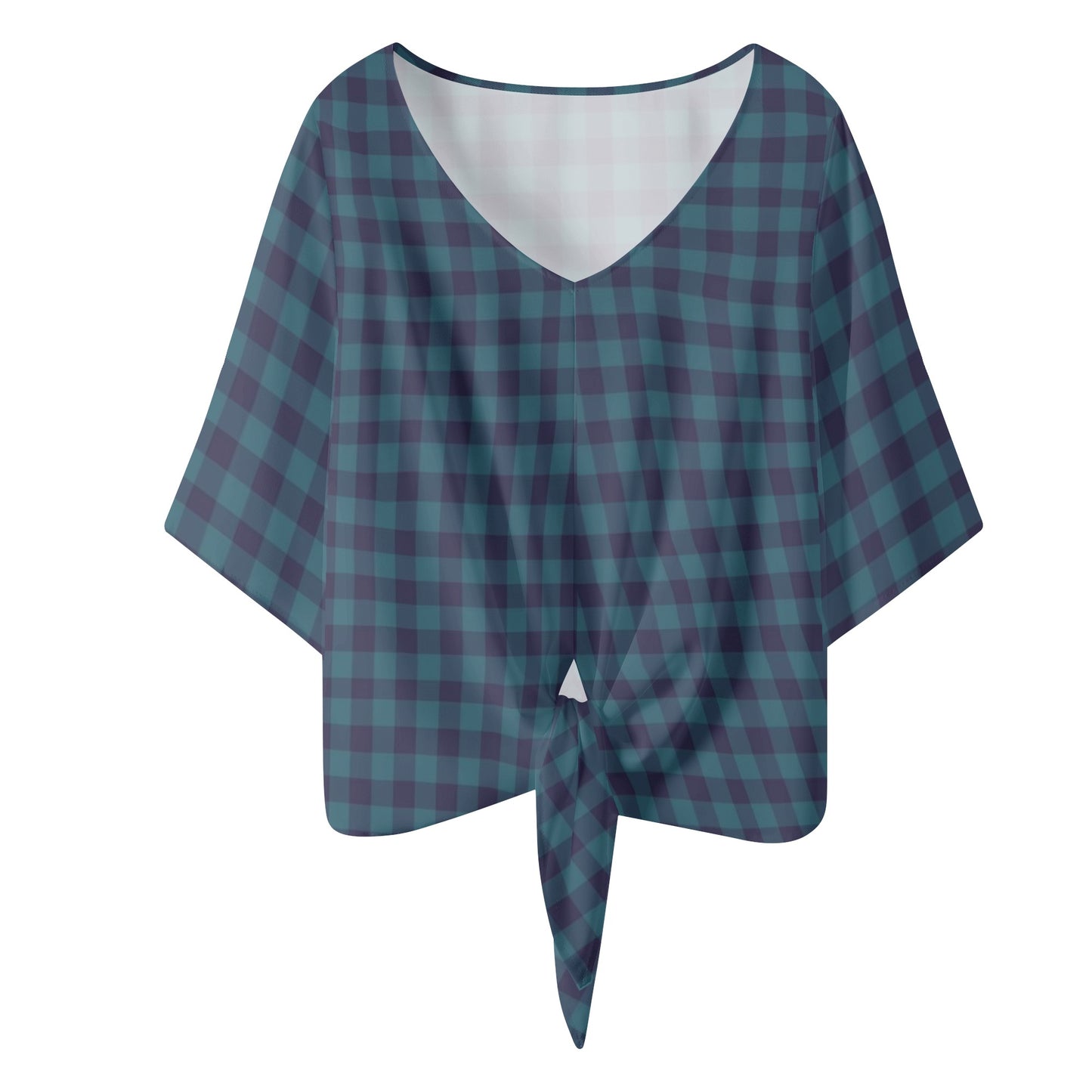 Blue Gingham Women‘s’ V-neck Streamers Blouse