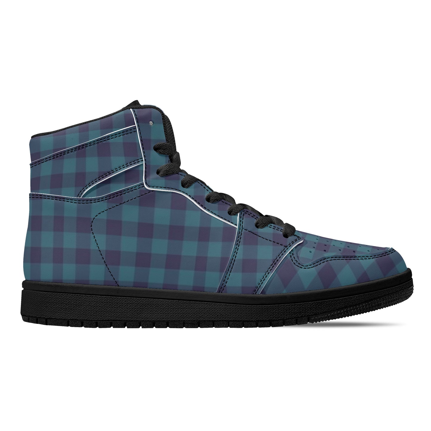 Blue Gingham Womens Black High Top Leather Sneakers