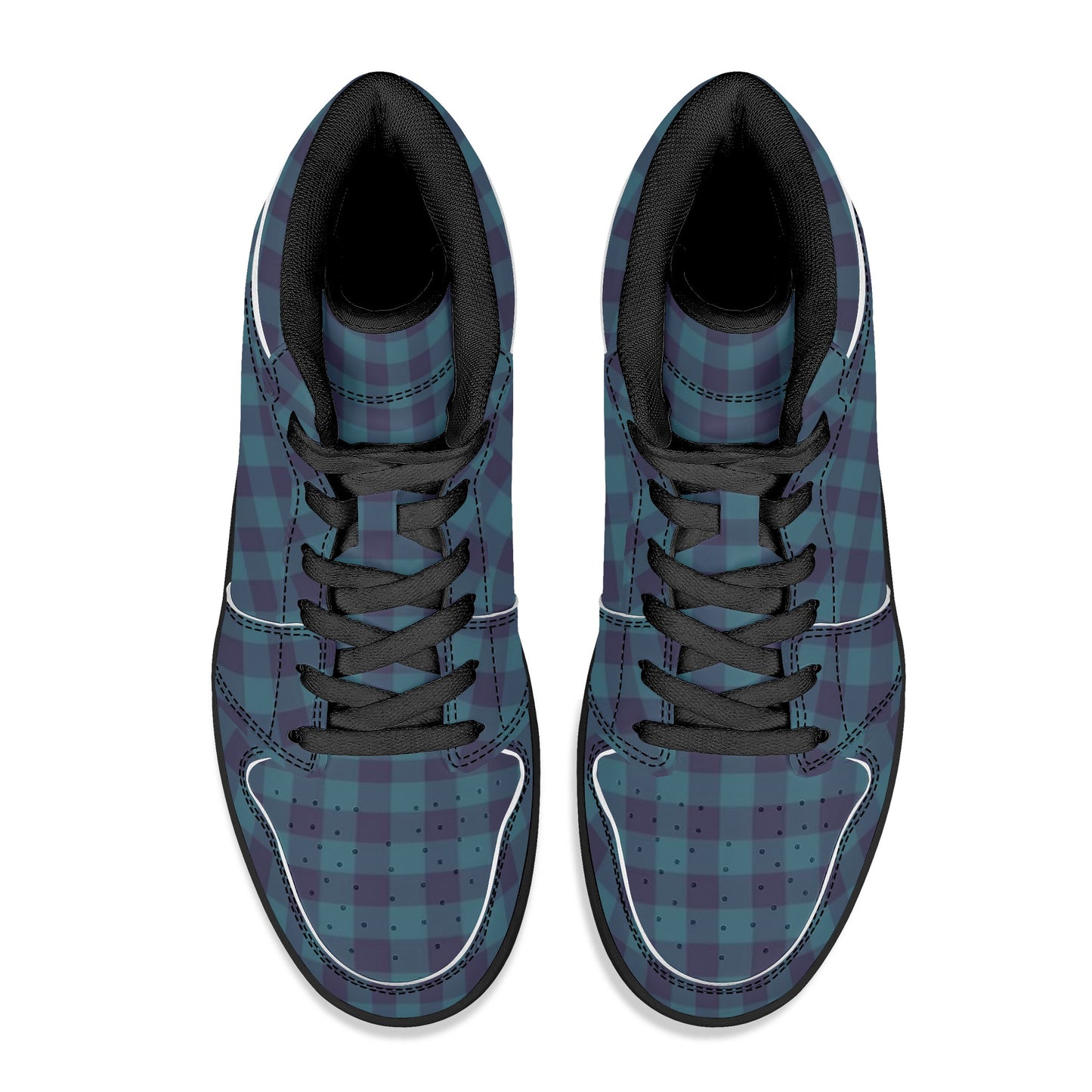 Blue Gingham Womens Black High Top Leather Sneakers