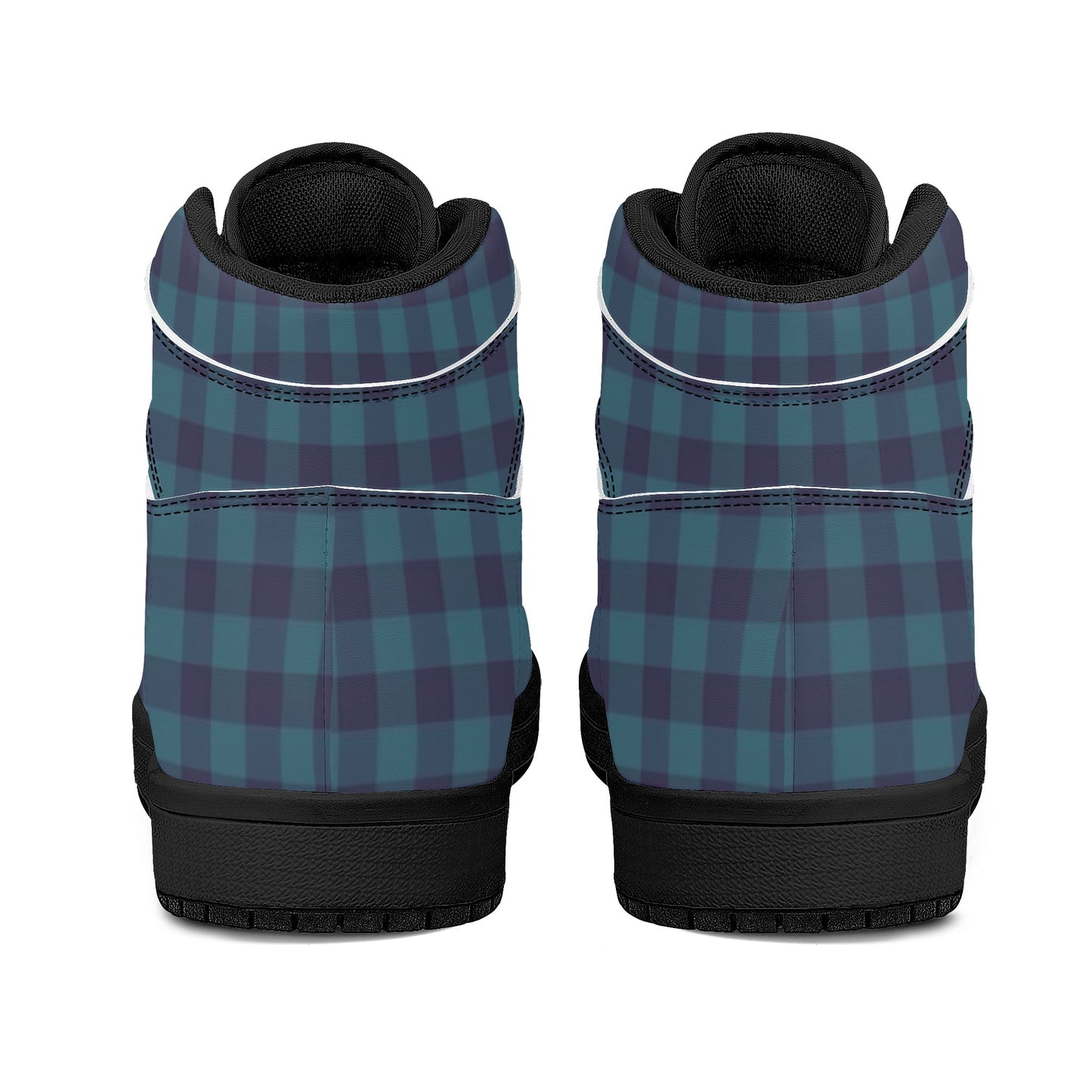 Blue Gingham Womens Black High Top Leather Sneakers