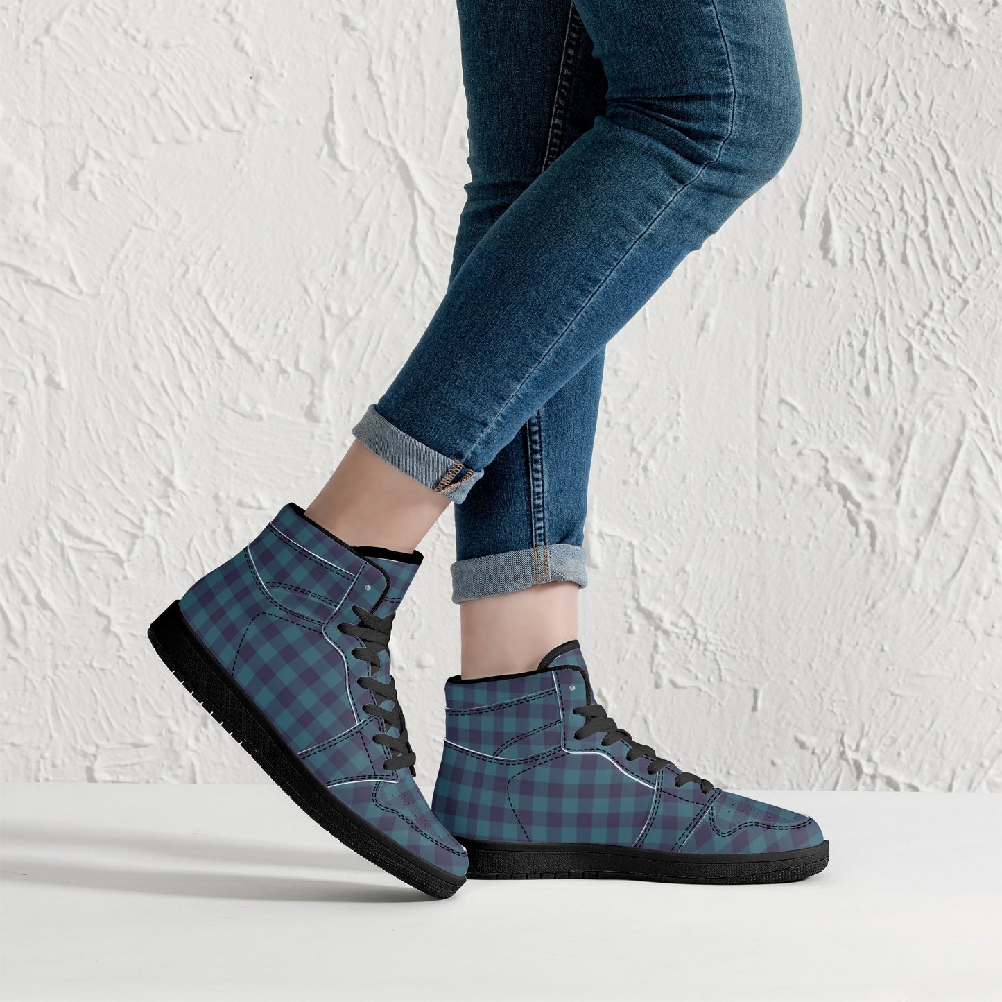 Blue Gingham Womens Black High Top Leather Sneakers