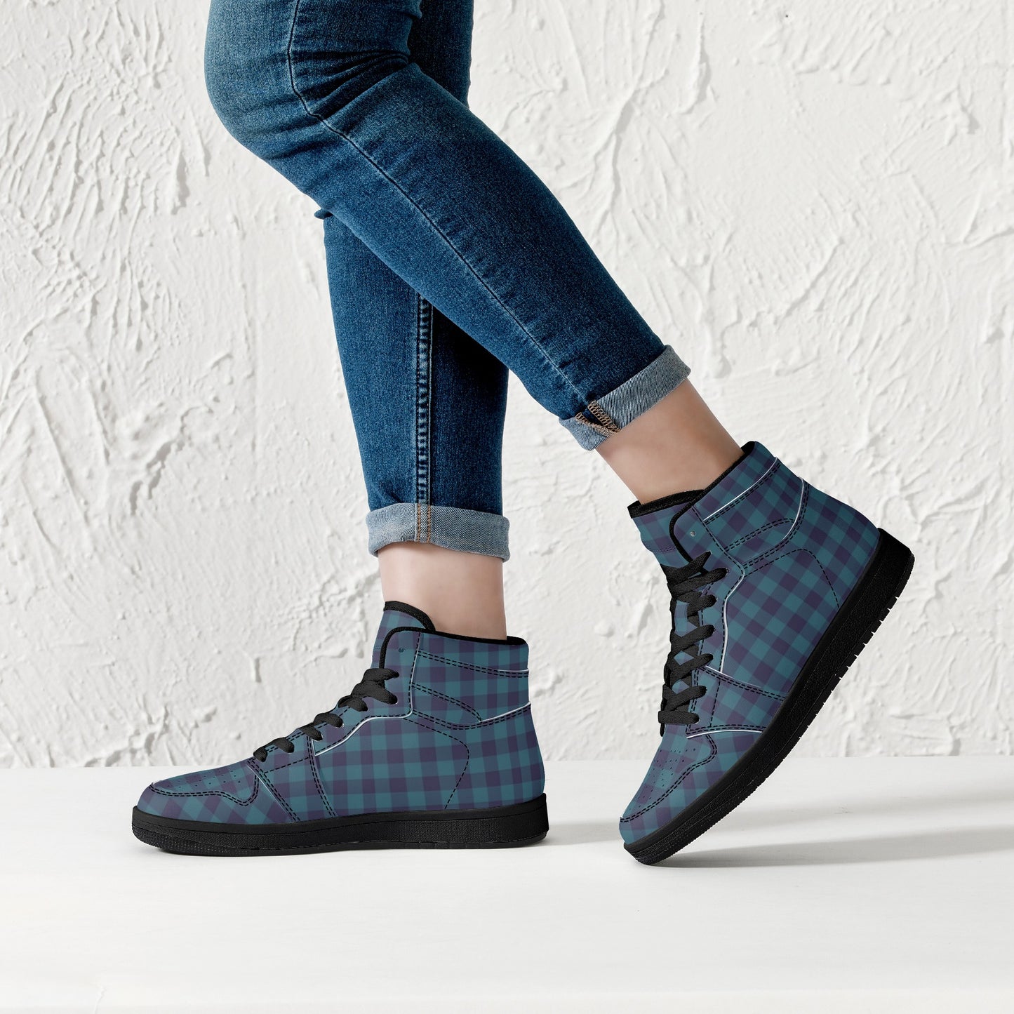 Blue Gingham Womens Black High Top Leather Sneakers