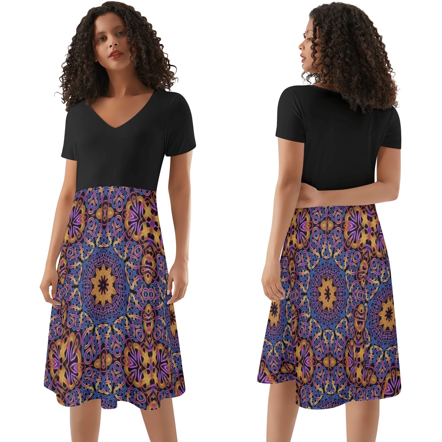 Blue Gold Celtic Kaleidoscope Womens Black Ruffle Summer Dress