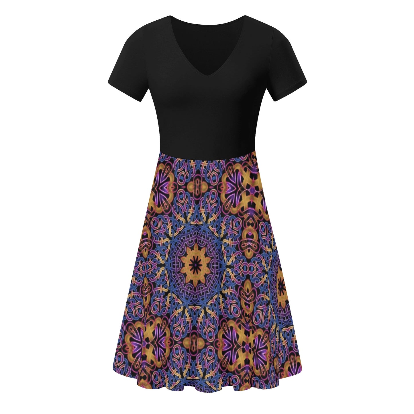 Blue Gold Celtic Kaleidoscope Womens Black Ruffle Summer Dress