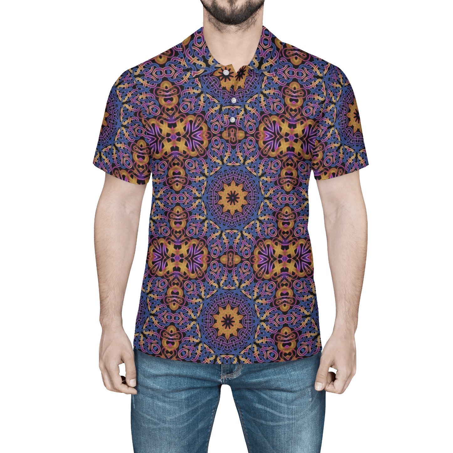 Blue Gold Celtic Kaleidoscope Mens All Over Print Polo Shirt