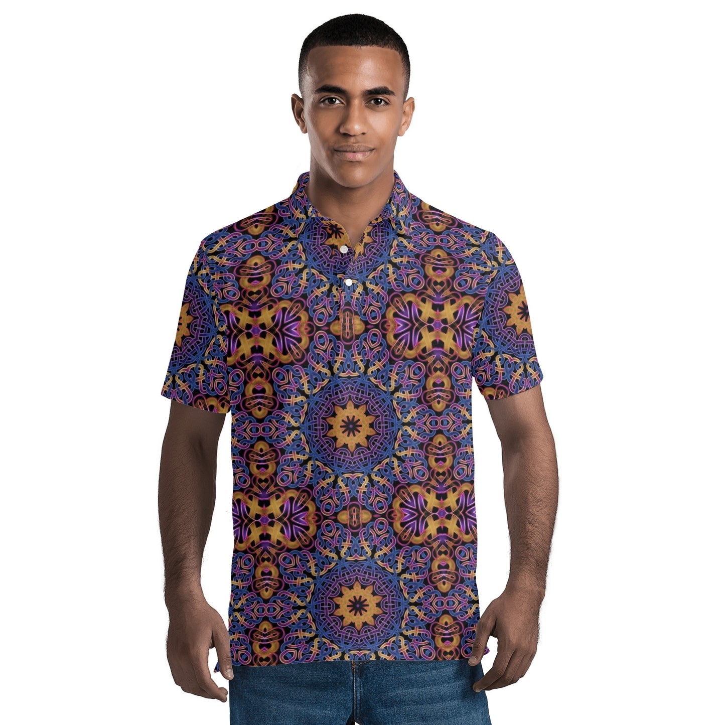 Blue Gold Celtic Kaleidoscope Mens All Over Print Polo Shirt