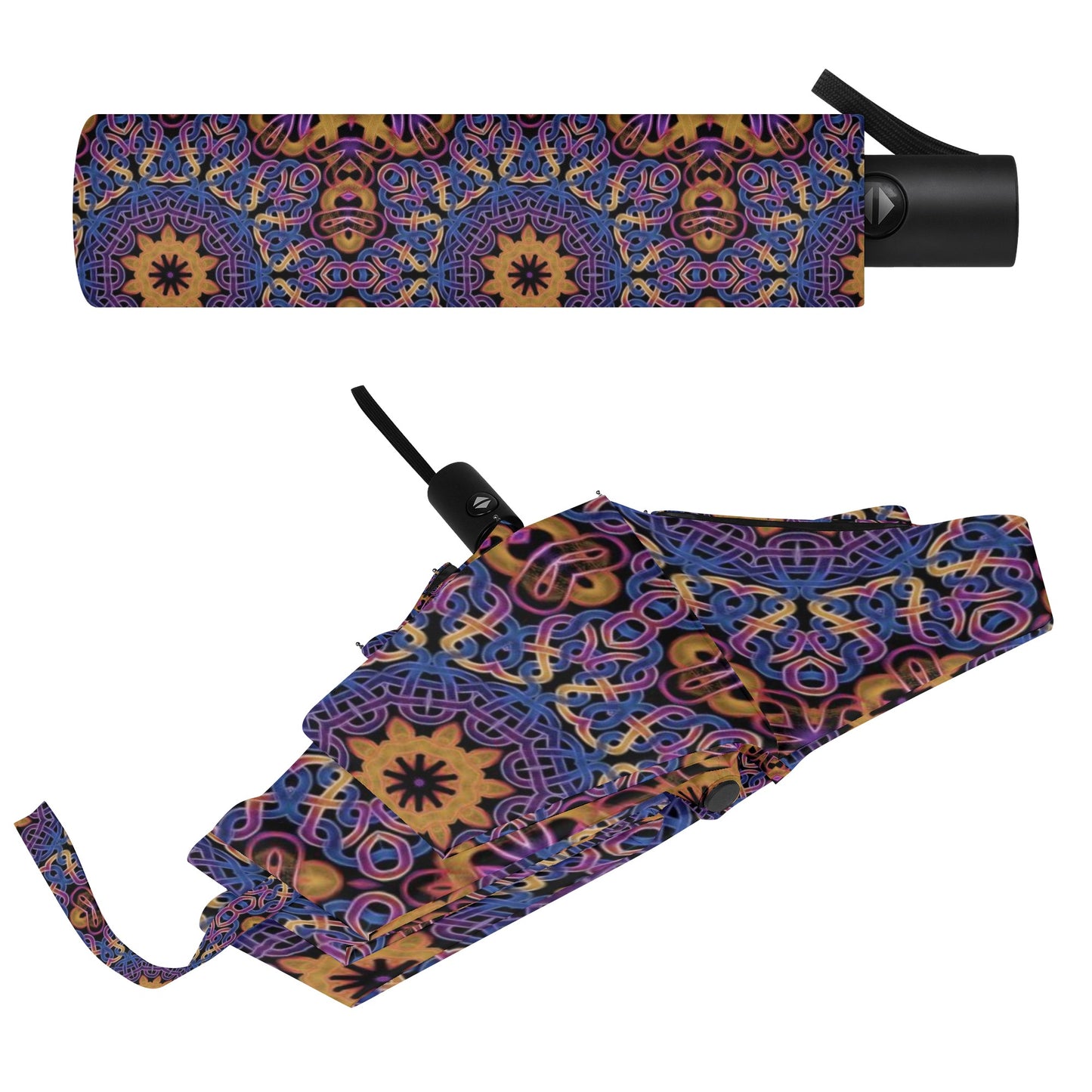 Blue Gold Celtic Kaleidoscope Fully Auto Open & Close Umbrella Printing Outside