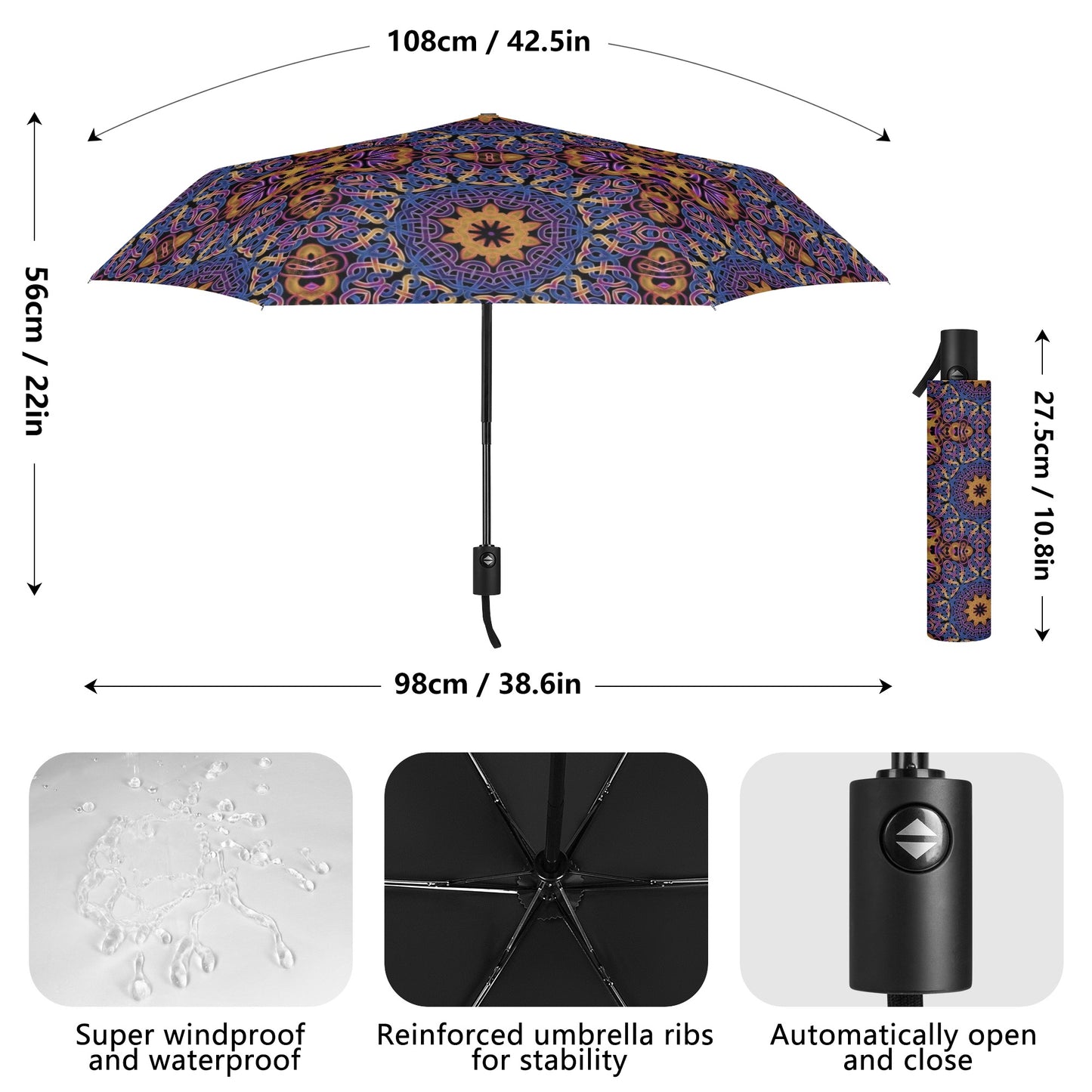 Blue Gold Celtic Kaleidoscope Fully Auto Open & Close Umbrella Printing Outside
