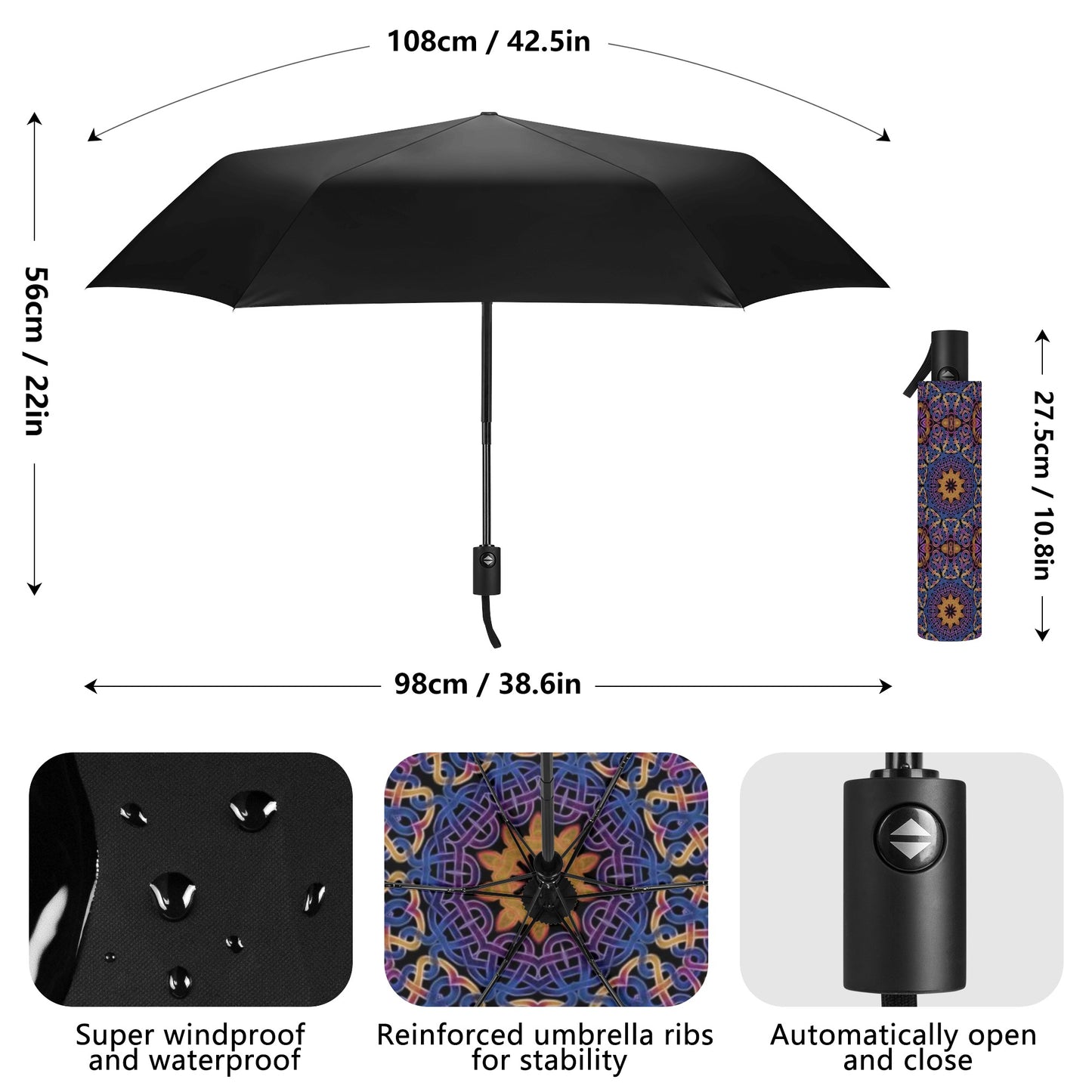 Blue Gold Celtic Kaleidoscope Fully Auto Open & Close Umbrella Printing Inside