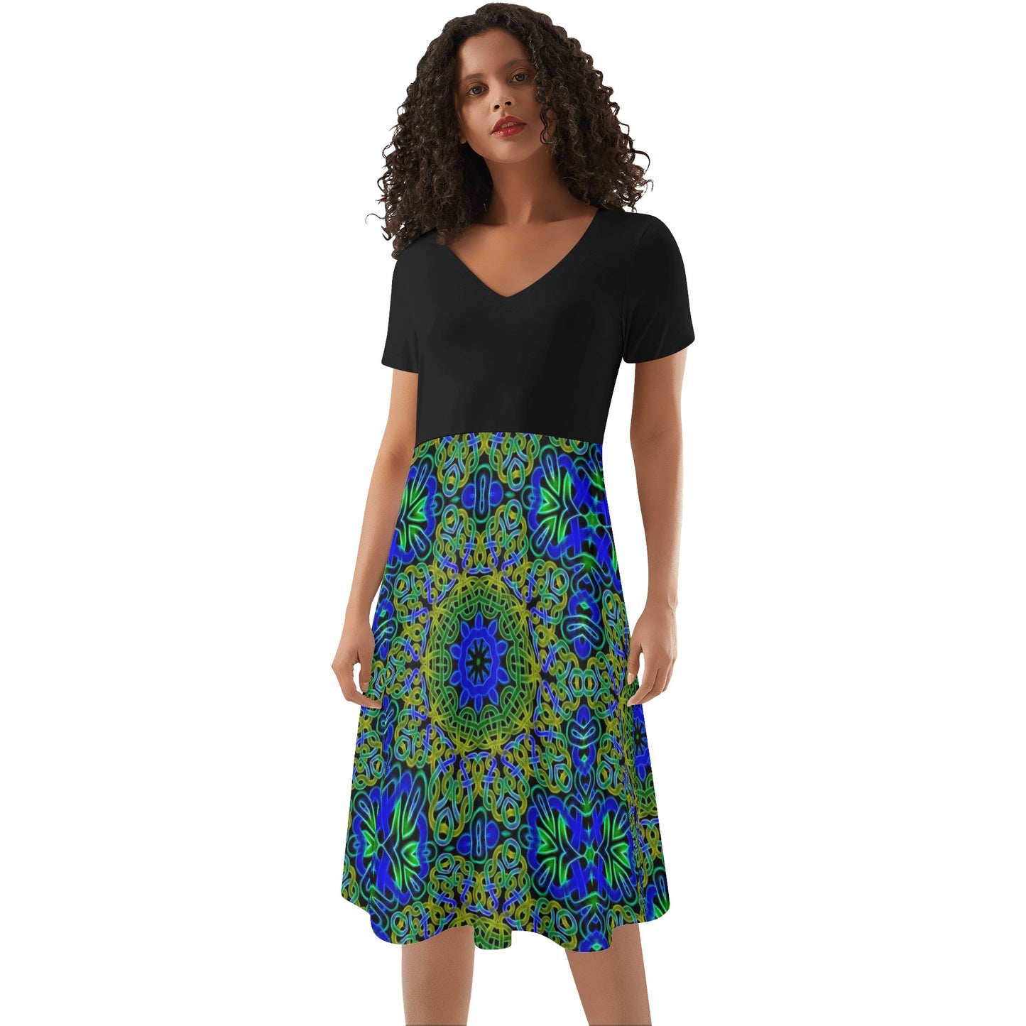 Blue Green Celtic Kaleidoscope Womens Black Ruffle Summer Dress