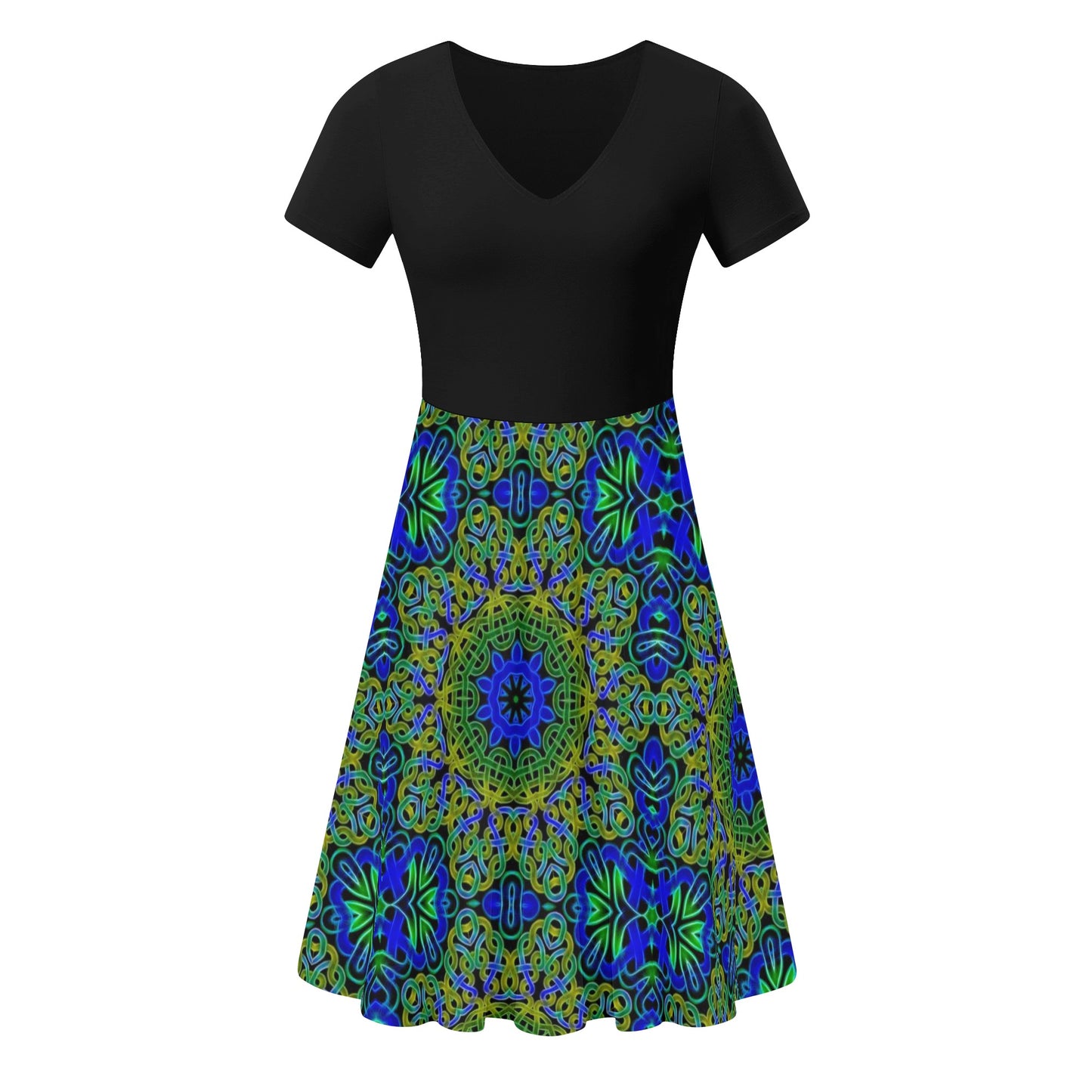 Blue Green Celtic Kaleidoscope Womens Black Ruffle Summer Dress