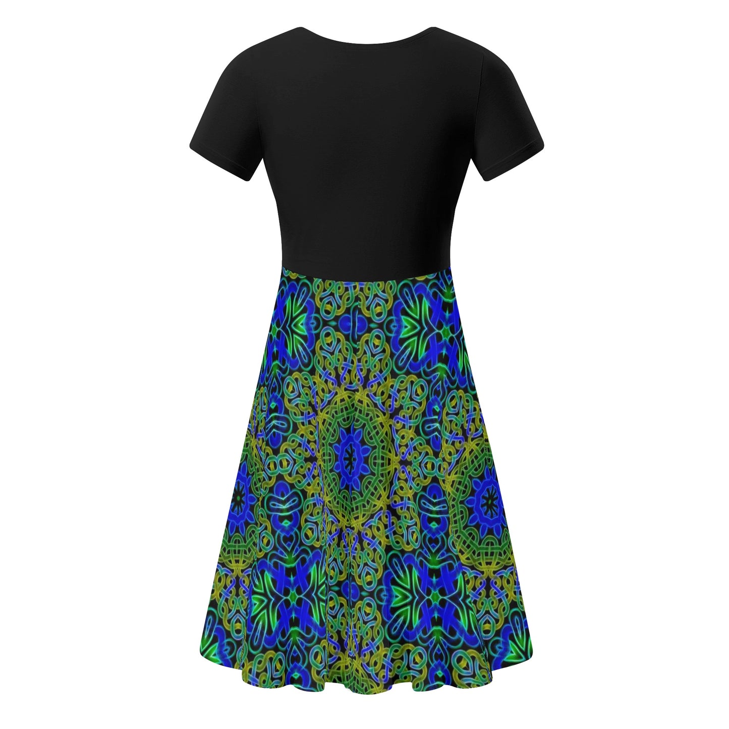 Blue Green Celtic Kaleidoscope Womens Black Ruffle Summer Dress
