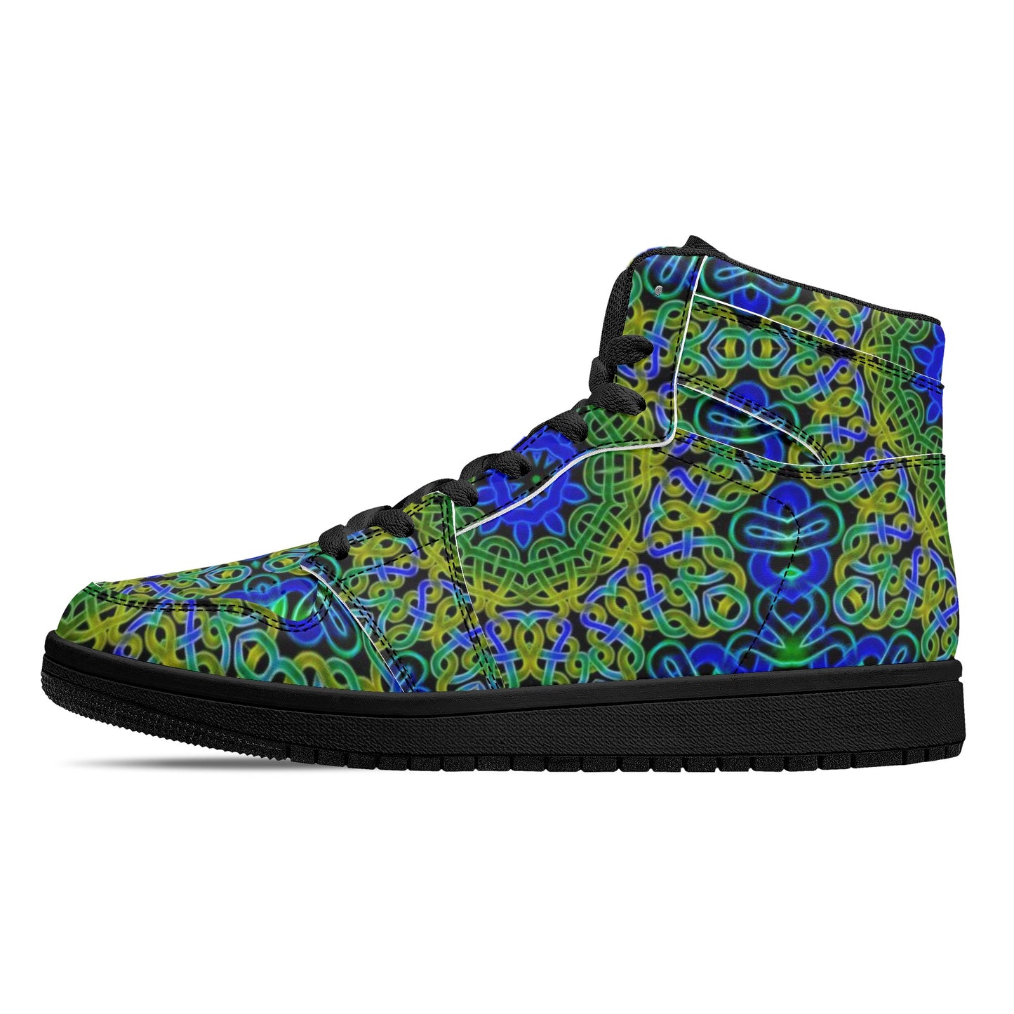 Blue Green Celtic Kaleidoscope Womens Black High Top Leather Sneakers