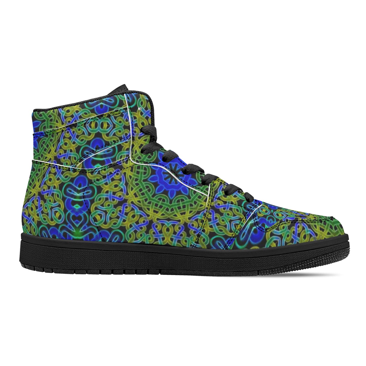 Blue Green Celtic Kaleidoscope Womens Black High Top Leather Sneakers