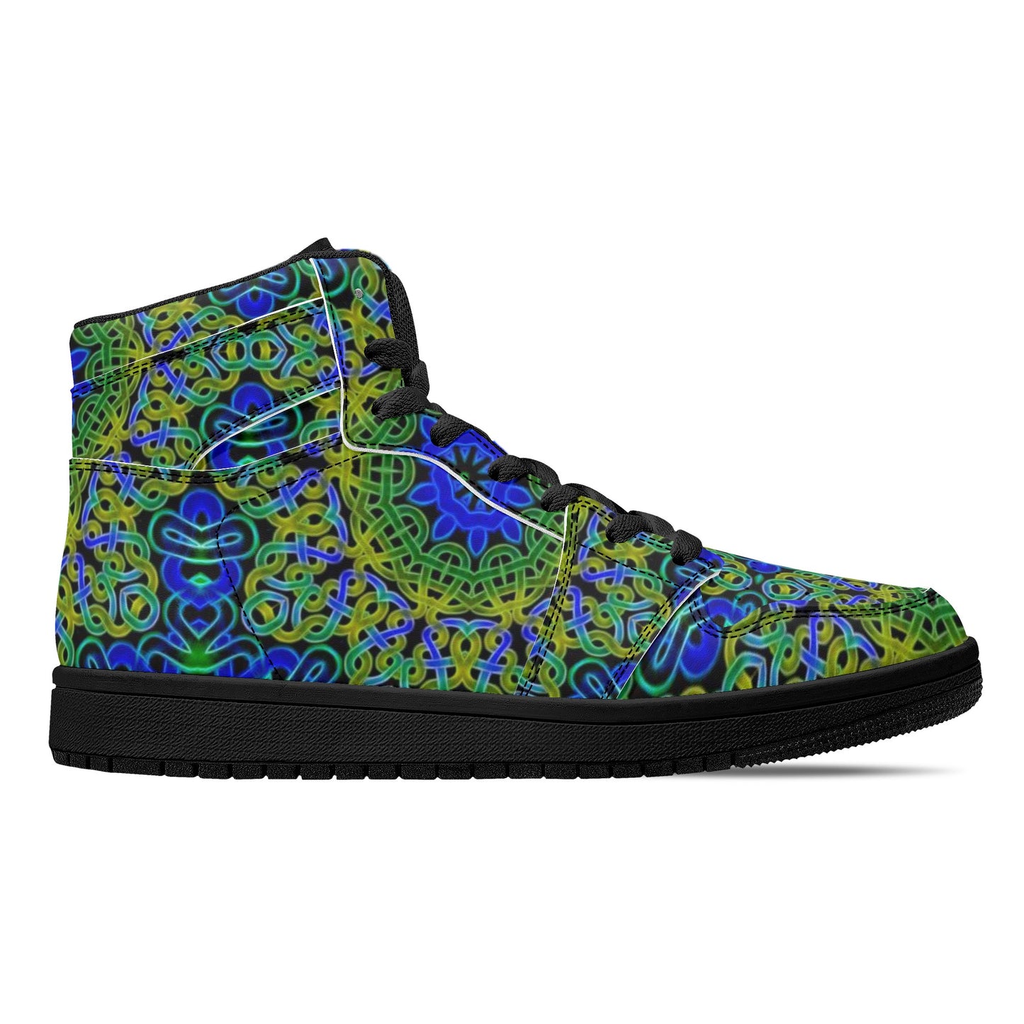 Blue Green Celtic Kaleidoscope Womens Black High Top Leather Sneakers
