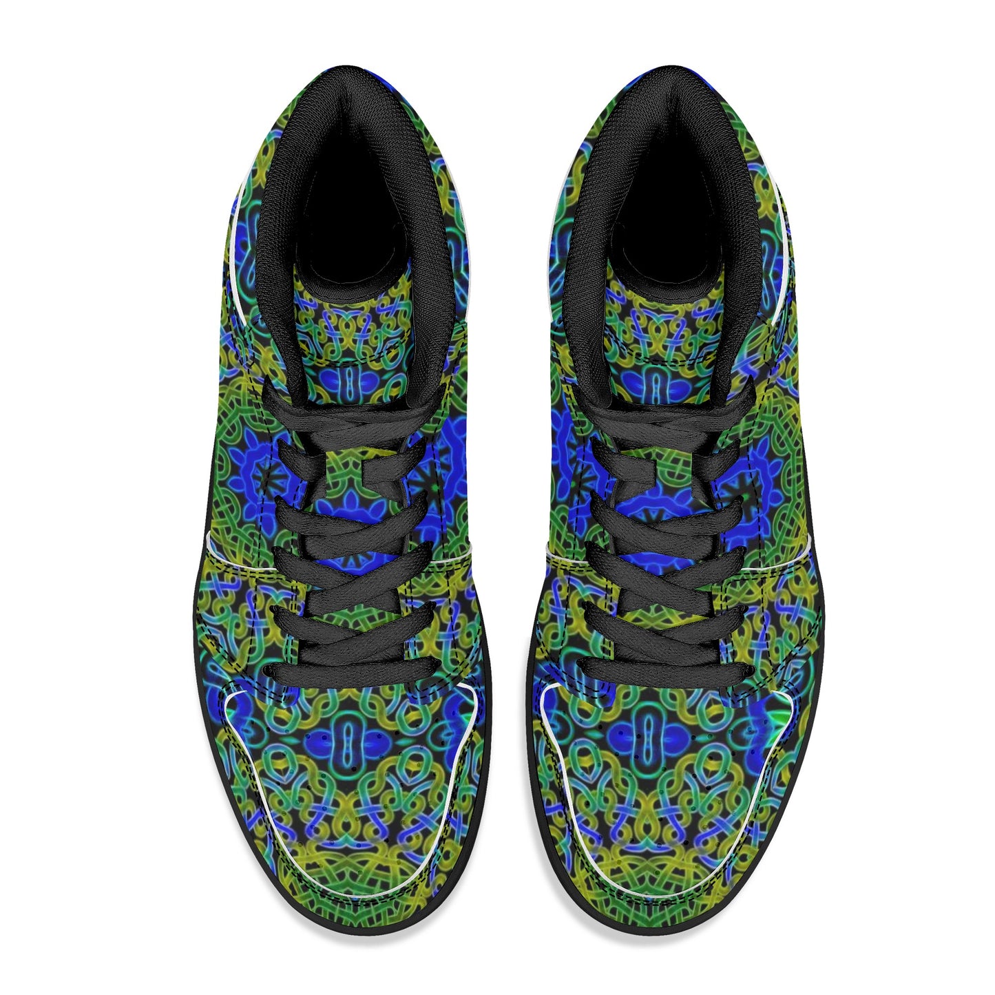 Blue Green Celtic Kaleidoscope Womens Black High Top Leather Sneakers