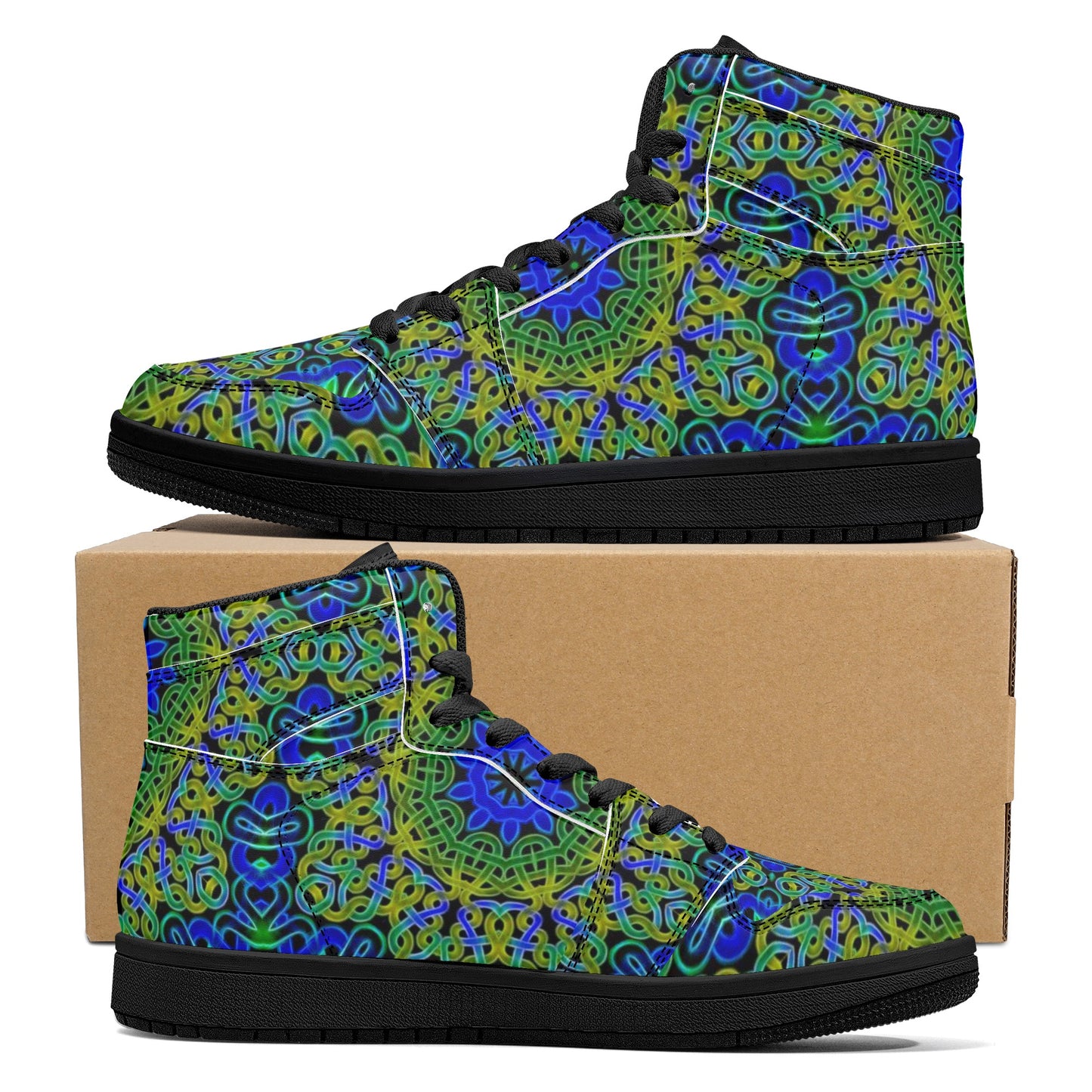 Blue Green Celtic Kaleidoscope Womens Black High Top Leather Sneakers